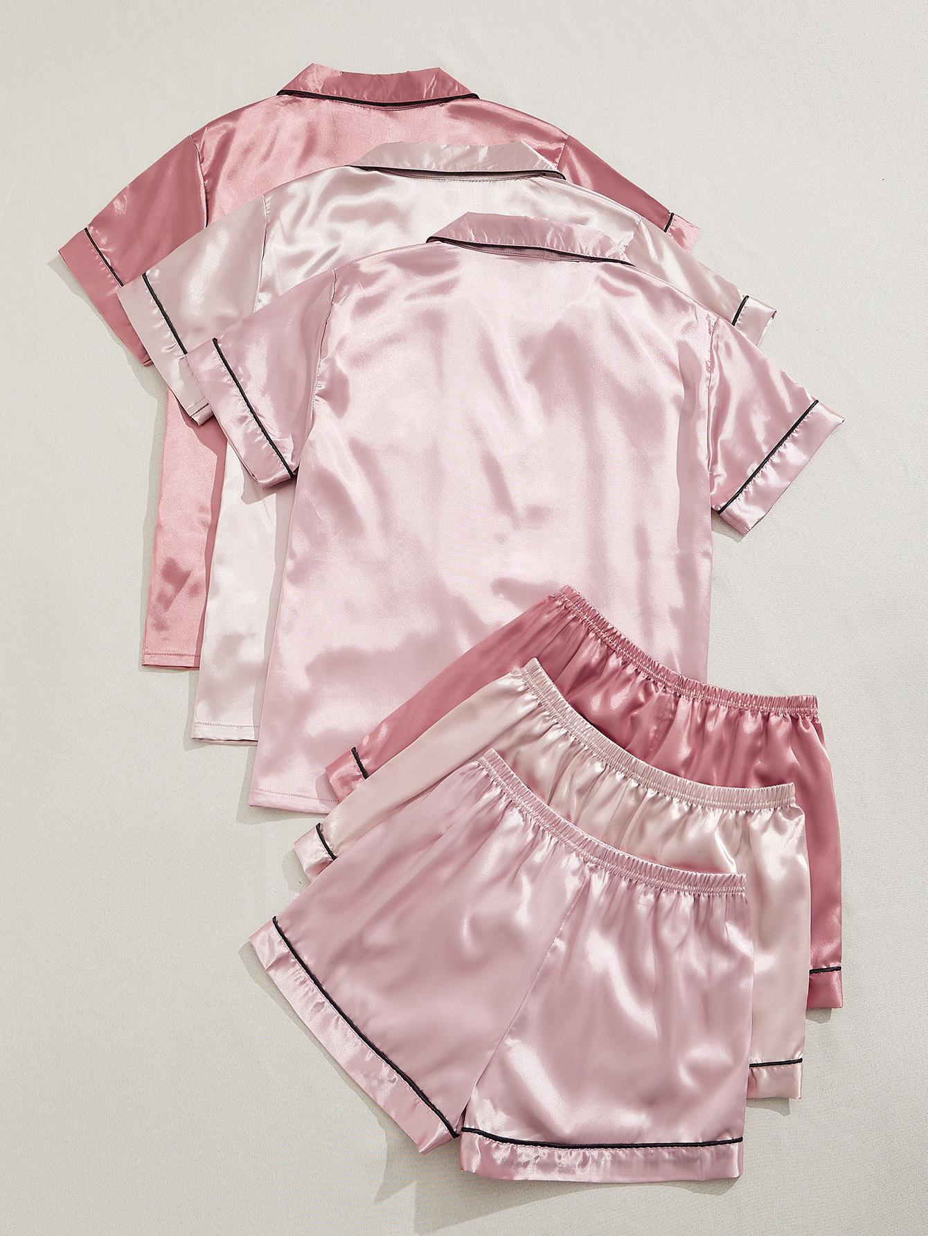 [3 Sets Satin Sleepwear] 3 Sets Satin Pajama Set, Short Sleeve Lapel Top & Elastic Waistband Shorts, Women's Sleepwear & Loungewear