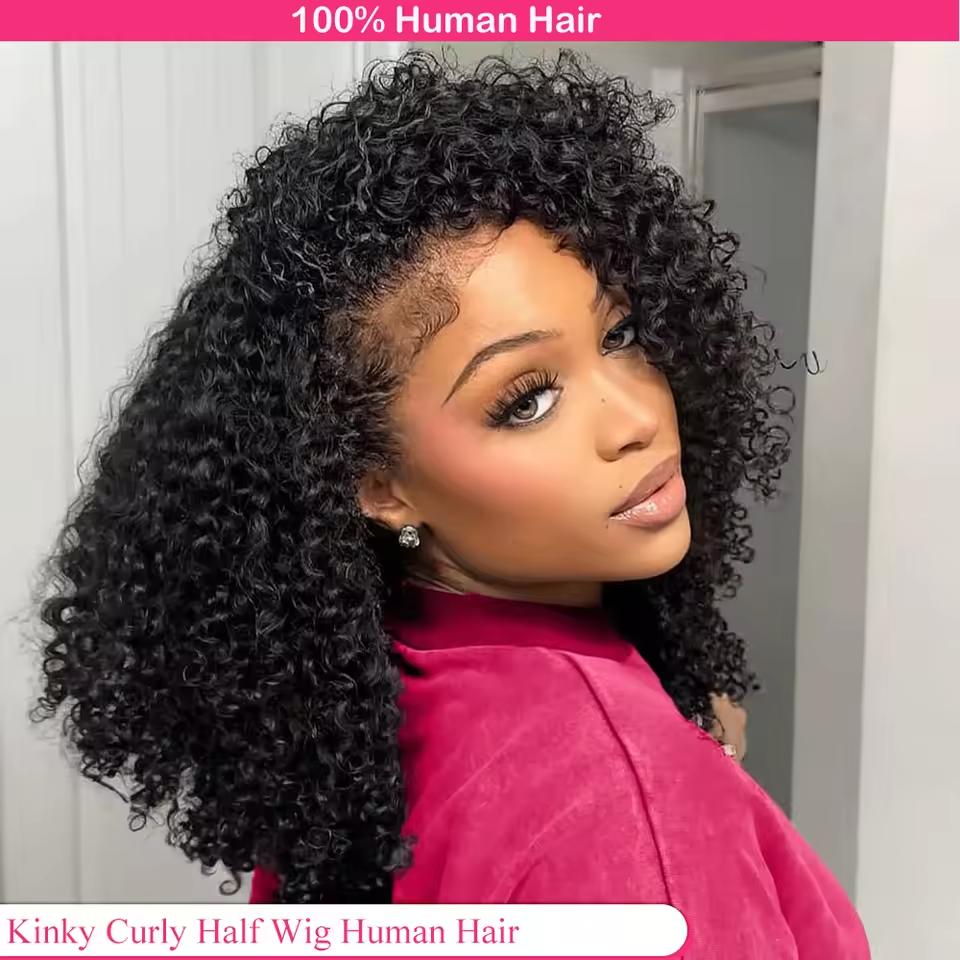 [3 IN 1 Half Wig] Kinky Curly Human Hair Wig Seamless Flip Over Half Wig Deep Wave Invisible Hairline Beginner Friendly Curly Wigs for Women With Drawstring