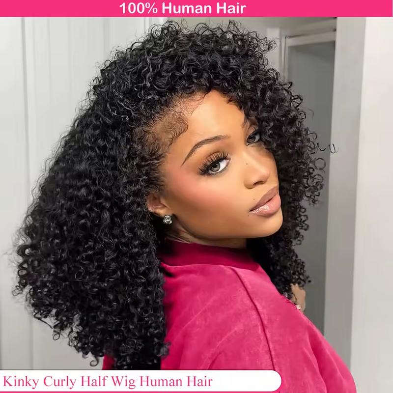 [3 IN 1 Half Wig] Kinky Curly Human Hair Wig Seamless Flip Over Half Wig Deep Wave Invisible Hairline Beginner Friendly Curly Wigs for Women With Drawstring