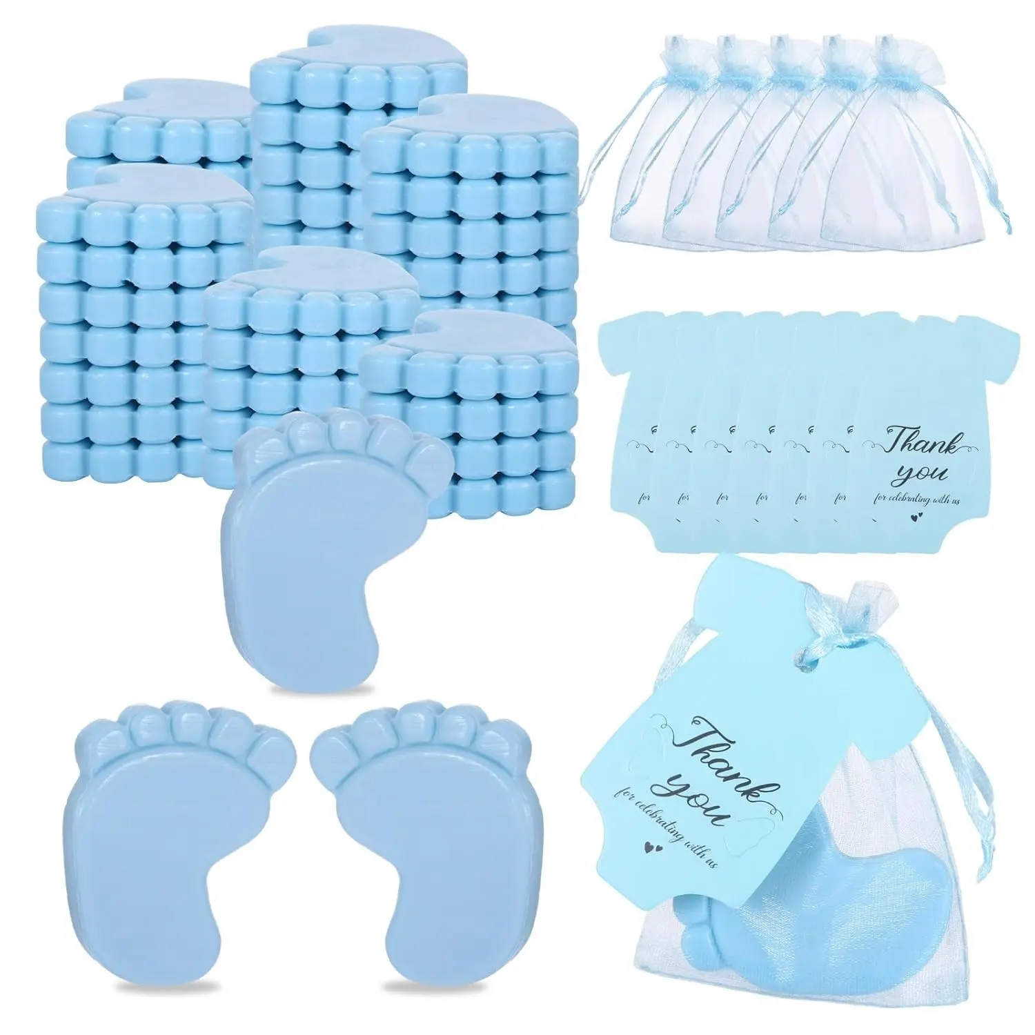 60-Set Handmade Feet Scented Soap Bulk Pack with Gift Bags & Cards, Blue Baby Shower Guest Favors, Gender Reveal Souvenirs, Gift Bag