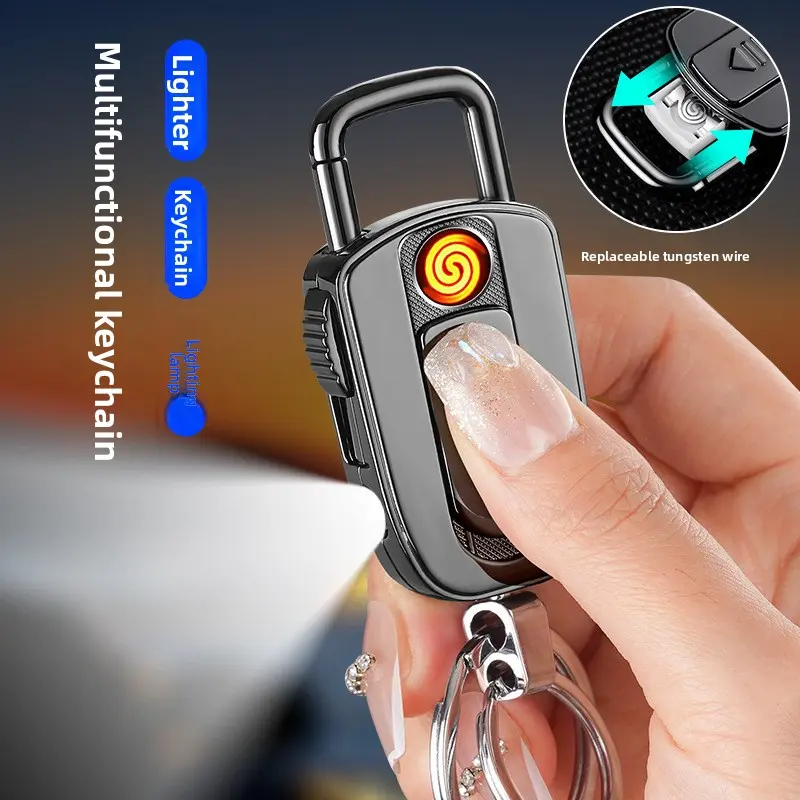 3-in-1 Multifunctional Metal Keychain, Windproof Silent Rechargeable Tungsten Cigarette Lighter with Flashlight (Home Supplies Lighter Accessory)