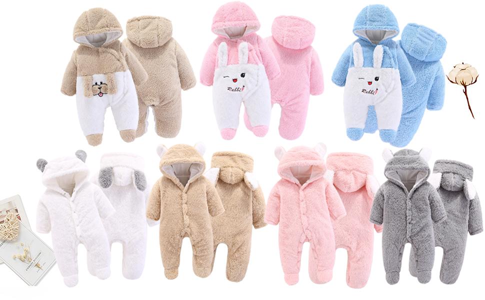 New(New)Newborn Baby Cartoon Bear Snowsuit Winter Coat Fleece Hooded Jumpsuit Romper for Girls Long Sleeve Cute Plain Design