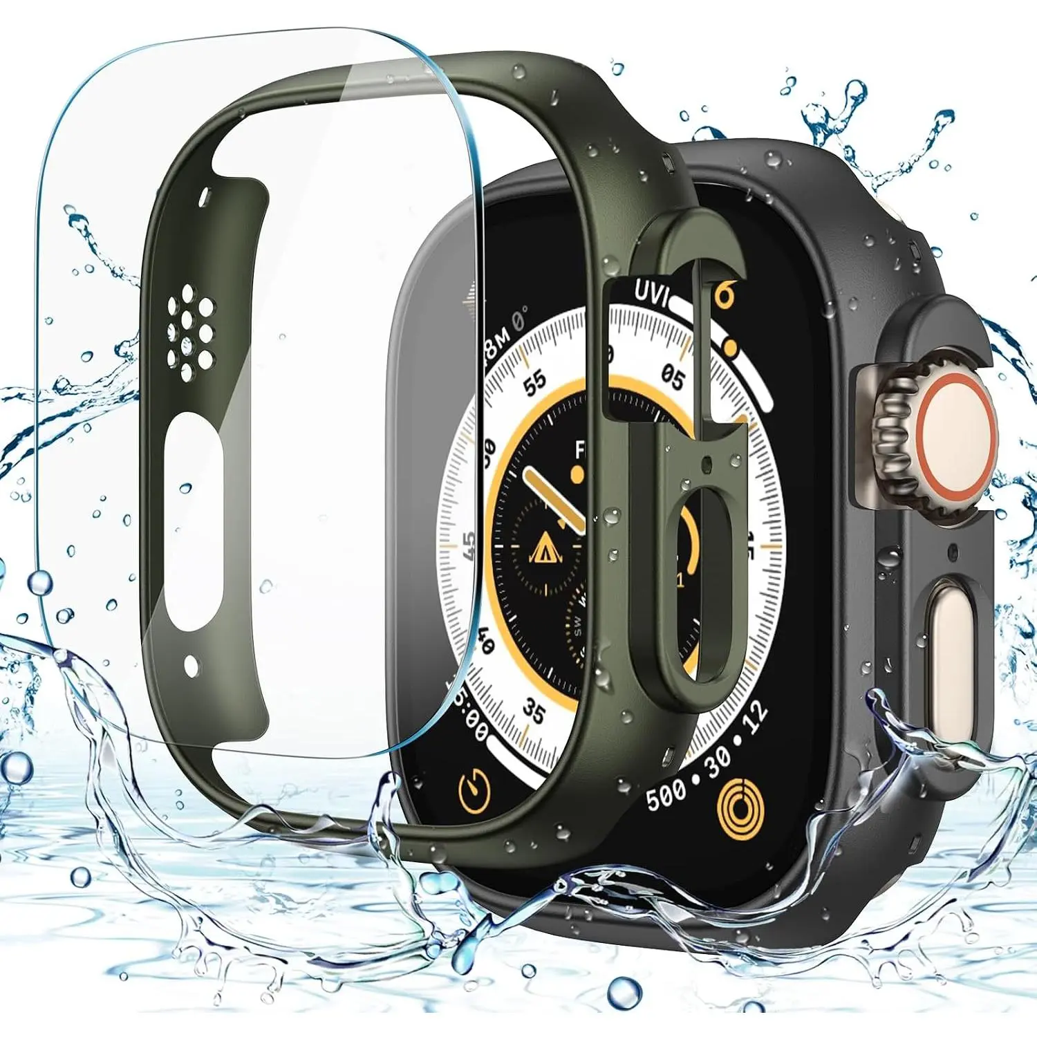Case and Screen Protector for 49mm  Watch Ultra 3/Ultra 2/Ultra | [2+2Pack] Bumper Cover and Auto-Alignment Tempered Glass for Ultra3/2/1, Easy Installation, 1 Green + 1 Matte Black