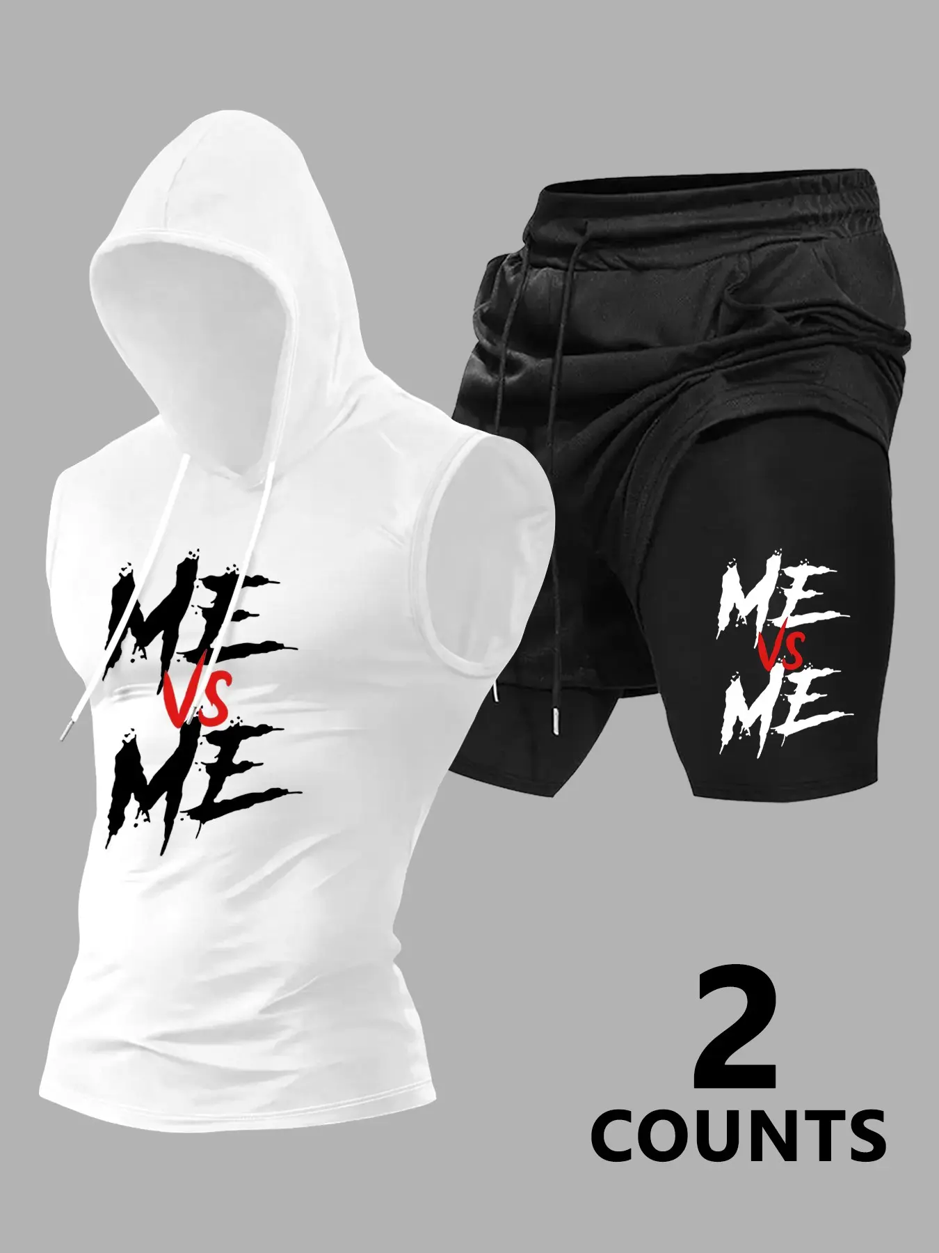 Men's Print 2-Piece Set, Hooded Sleeveless Vest and Drawstring Basketball Shorts, Comfortable Casual, Ideal Gift for Family Friends