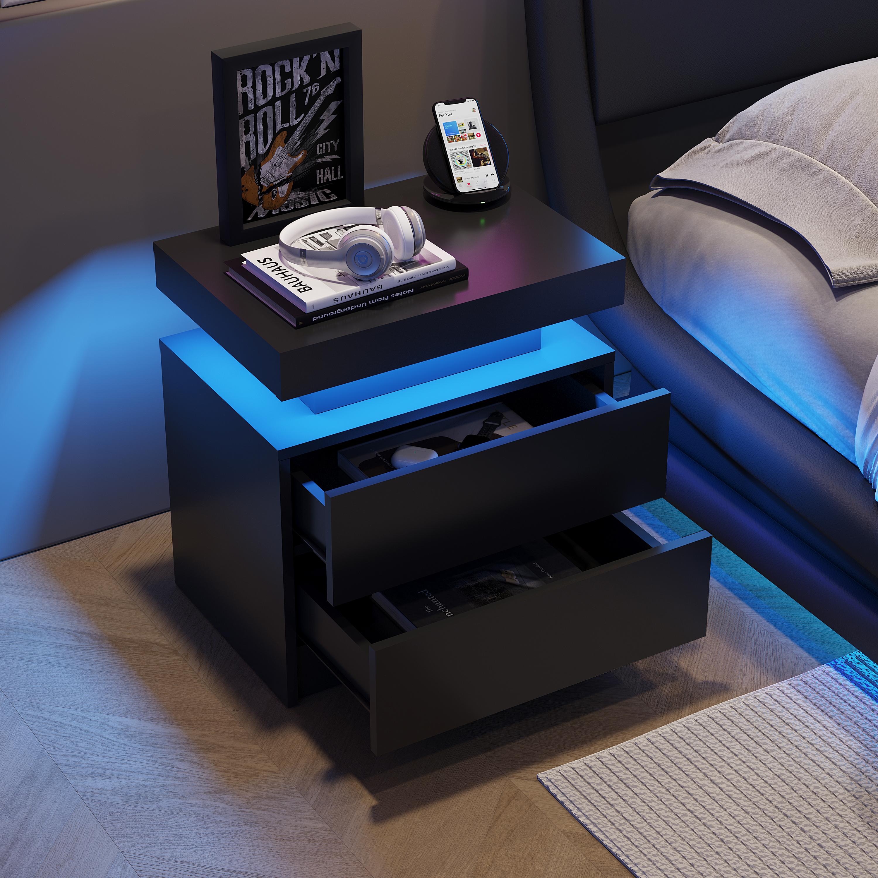 Bedroom Nightstand with 2 Drawers and 16-Color Adjustable RGB LED Lights, Modern Bedside Table Storage