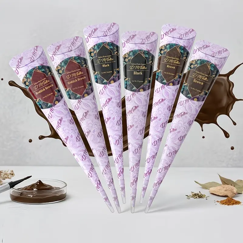 6 sets of organic plant henna tattoo paste kit, waterproof, safe, and long-lasting henna cones, perfect for temporary body art, natural ingredients for men and women, temporary tattoo kit, Arm Temporary Tattoos
