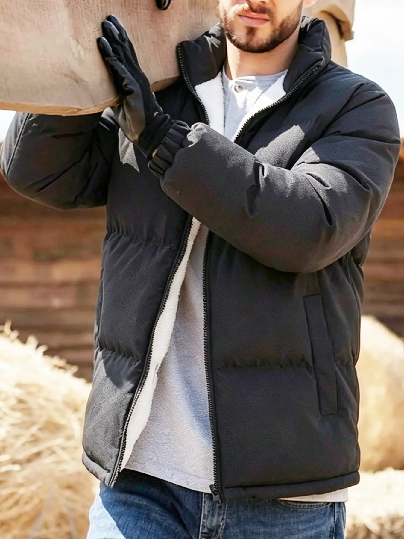 1 Pcs Men Stand Collar Sherpa Lined Puffer Work Jacket,American Outdoor Utility Workwear Style, Full Zip Closure,Elastic Cuffs,Thick Padded Windproof Fabric, Multi Side Pockets Thermal Insulated Outerwear for Farm Work Construction Site Daily Outdoo Labor