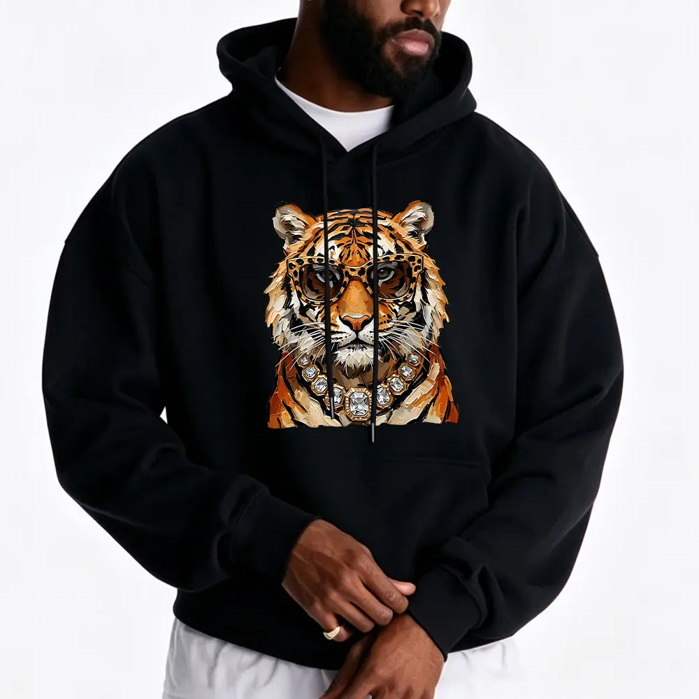 Y2K Streetwear Tiger Graphic Hoodie | Unisex Oversized Sunglasses Tiger Chain Print Sweatshirt, Retro Grunge Hip Hop Pullover Loose Fit