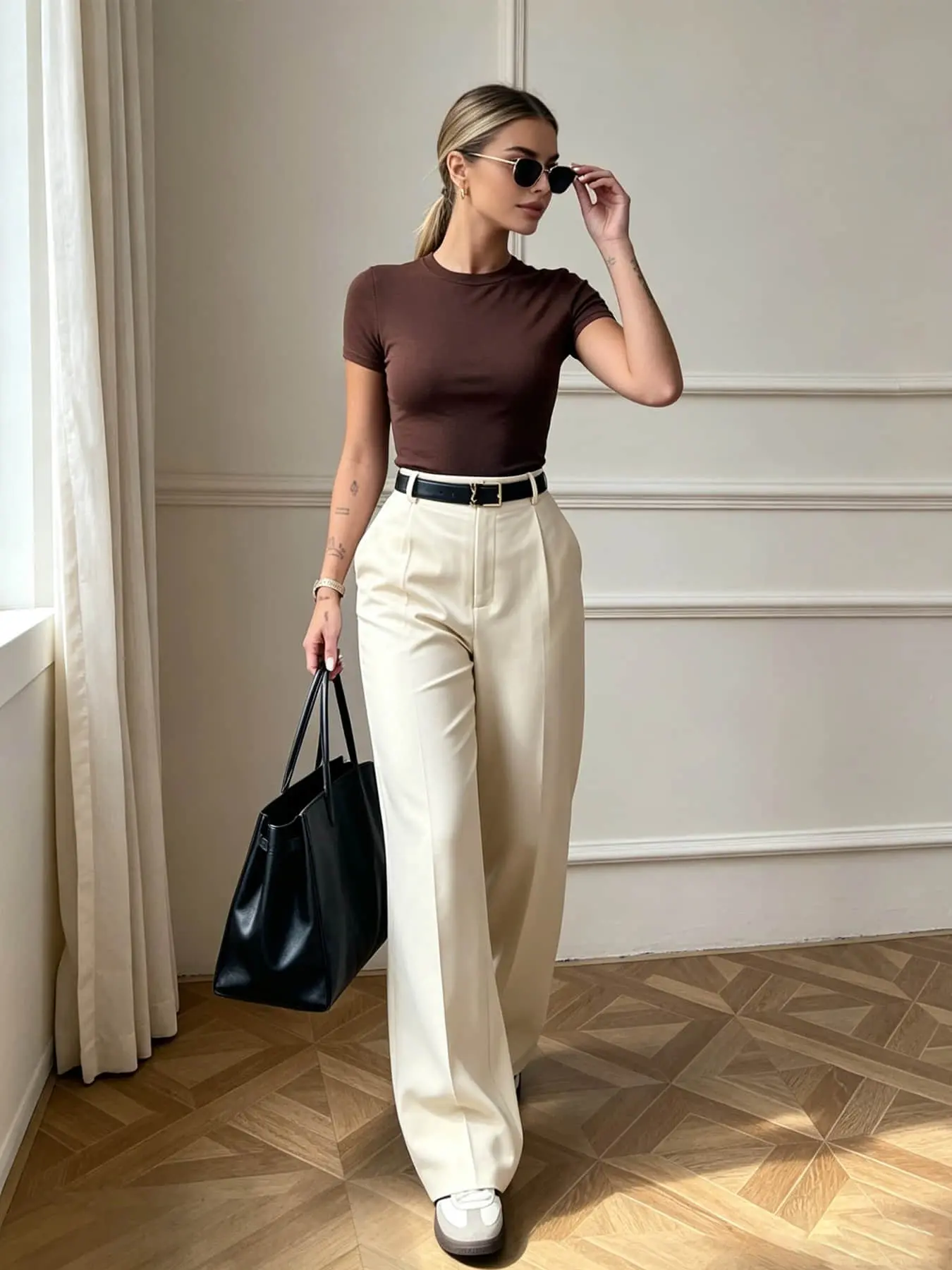 A fashionable and simple wide leg long pants for women's commuting, with a high waist design, suitable for all seasons, suitable for commuting, indoor daily life, and street wear, Summer Palazzo Pants