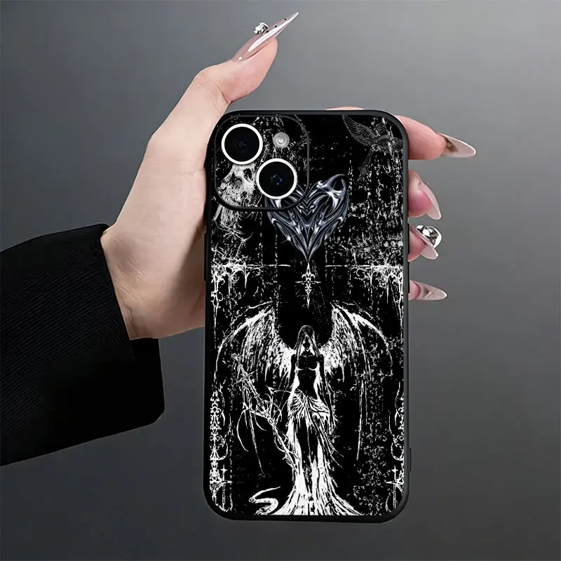 Black Gothic Angel Winged Heart Phone Case， Dark Emo Aesthetic Style for iPhone 17 16 15 14 13 12 11 Plus Pro Max， Cool Unique Gift.