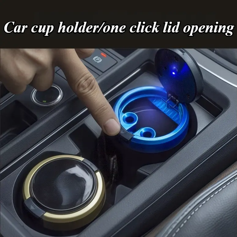 Car Ashtray with LED Light, One Touch Open Lid Portable Cigarette Ashtray for Car Cup Holder, Smoke and Odor Containment Container for Vehicle Interior