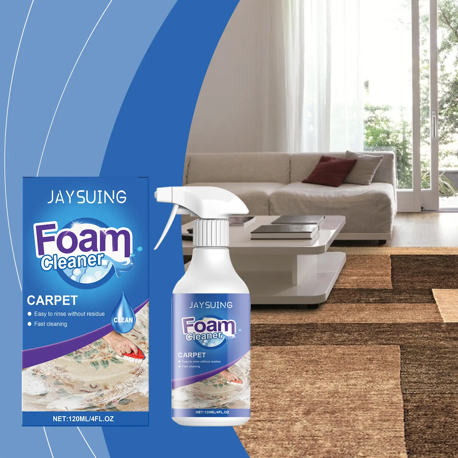 JAYSUING 120ml (4 fl oz) Carpet Foam Cleaner Single Unit, Heavy-Duty Deep Stain Remover with Spray Nozzle, Odorless Fast-Cleaning Spray for Wool, Cloth, Area Rugs, Fabric Mats & Household Surfaces, Brush