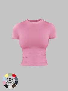 women's solid color sports tee, casual comfy breathable short sleeve t-shirt for yoga gym workout running, ladies sportswear for all seasons, workout clothes women