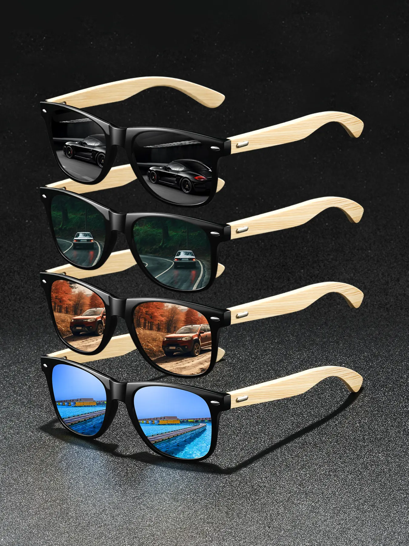 4 pairs of the latest fashionable bamboo and wood frame square glasses, with multiple color options. Wooden materials are environmentally friendly and fashionable, lightweight and comfortable to wear, suitable for outdoor activities and daily wear.