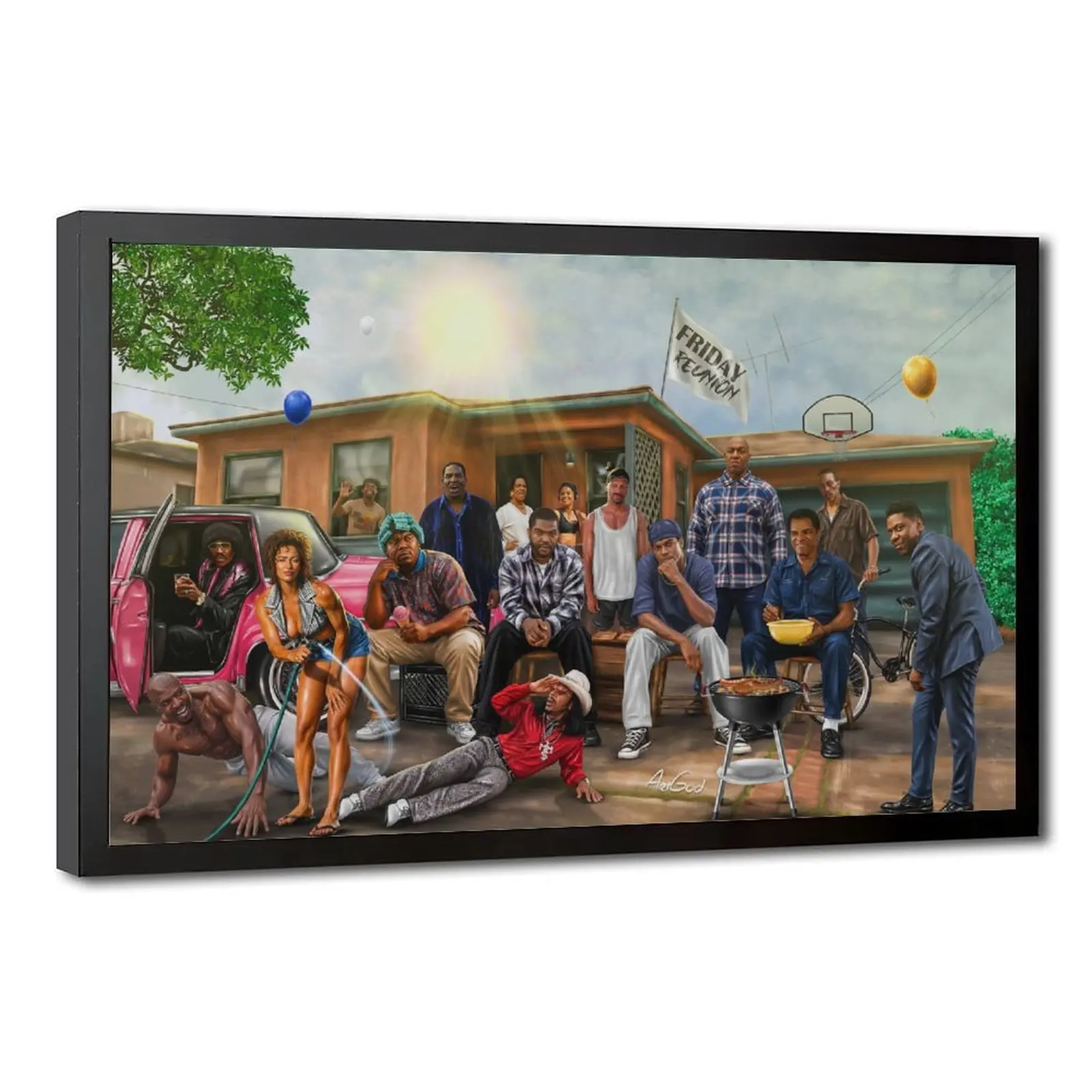 Friday Movie Cast Canvas Wall Poster, Full Retro Comedy Poster Layout Summer Suburban Backyard Cookout Setting Nostalgic Cult 90s Urban Comedy Decorative Wall Poster