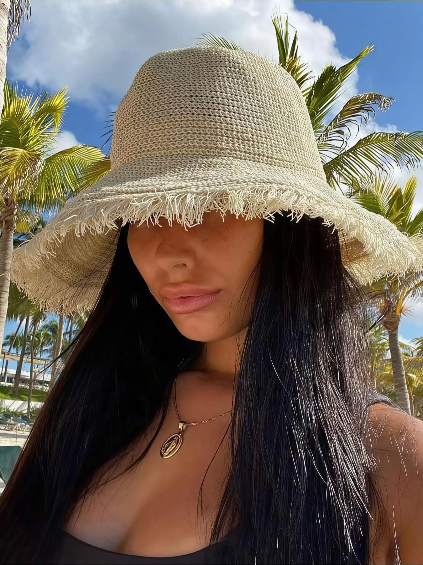 Women's Wide Brim Bucket Hat, Adjustable Outdoor Hat, Summer Outdoor Sun Protection, Foldable Straw Hat for Beach Vacation, Slimming Face Design