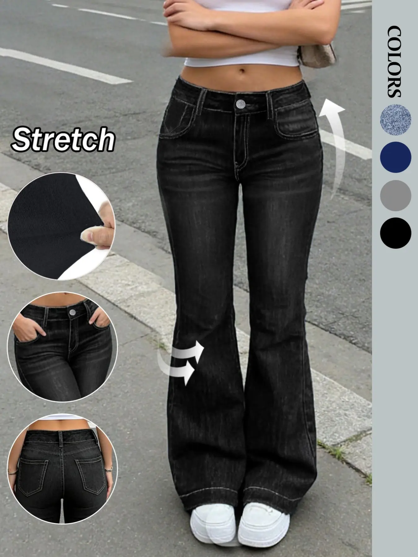 Women's Y2K Low-Waist Flare Button Pants, Medium Size Elastic Comfort Casual Trousers, Fashion Design, Suitable for Daily Wear Fit Everyday, Button Front Trousers