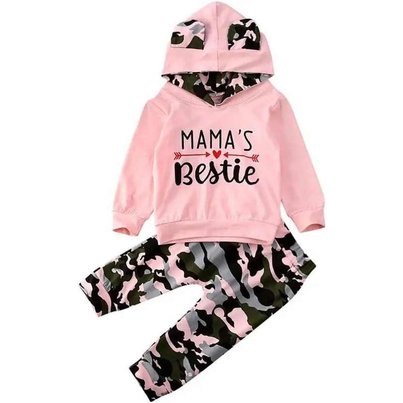 2Pcs Baby Girls Fall Winter Outfit Set Mamas Bestie Hoodie Sweatshirt Top & Camo Pants Clothing SetsGift
