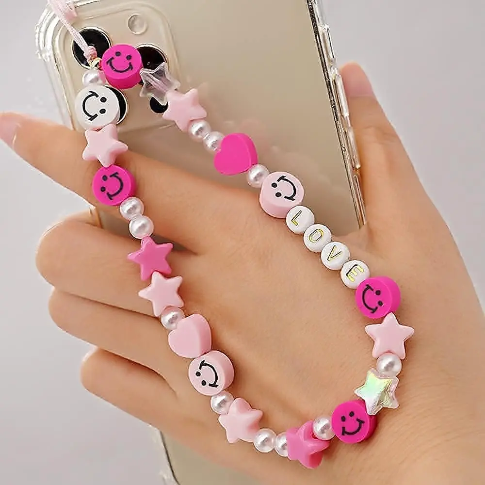 Cute Smiley Beads Phone Charm - Durable Wrist Strap Lanyard for Model 1 Cell Phones, Colorful Polymer Clay & Chain Mobile Accessories, Aesthetic