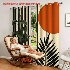 2-piece set, Medieval Modern Style, black and orange circular palm leaf pattern, Sheer Printed Curtains. This perforated curtain is made of semi-transparent polyester fabric, suitable for home decor in living rooms, bedrooms, studies, kitchens, and more