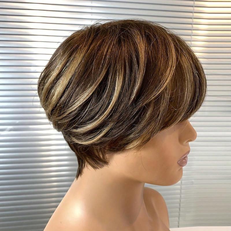 Highlight Ombre Blonde Honey Gold Human Hair Wigs Short Straight Pixie Cut Hair Bob Wig Hair For Woman