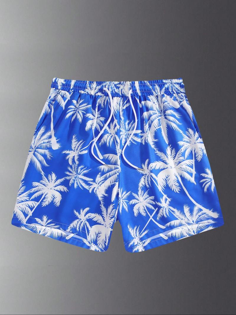 Men's Palm Tree Print Swim Shorts, Regular Fit Casual Comfy Breathable Swim Shorts for Summer, Men's Swimming Swimwear for Beach Vacation, Clothing, Swim Bottoms, Swimtrunks, Summer Swim Trunks, Drawstring Swim Bottom
