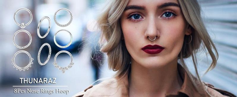 THUNARAZ 8 Pcs Shining Stainless Steel Septum Nose Rings for Women Men Hoop Rings 16G 18G Clicker Hinged Septum Cartilage Helix Conch Hoop Daith Piercing Jewelry 8mm 10mm Easy To Wear for Daily Outings Summer Vocation Christmas Gift