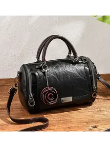 Vintage Brown Distressed Leather Boston Handbag for Women, 3D Rose Flower Charm Barrel Purse, Double Zipper Design Hand & Crossbody Dual Use Shoulder Bag for Daily Travel Dating