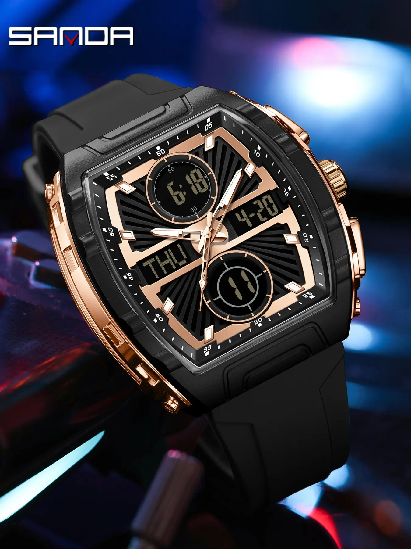 SANDA 6231 New Fashion Trend Men's Watches Multifunctional Chronograph Alarm Week Date Waterproof Men's wristwatch,Sportive Analog-digital Quartz Watch, Fashionable Waterproof Watch with Luminous & Alarm & Calendar Function,with Box and Handline