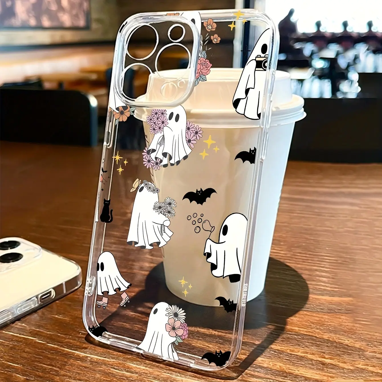 Cute Ghost Floral Halloween Phone Case Spooky Bat Cat Clear Cover with Shockproof Protection for iPhone 17 16 15 14 13 12 11 X Plus Pro Max Halloween Lover Gift