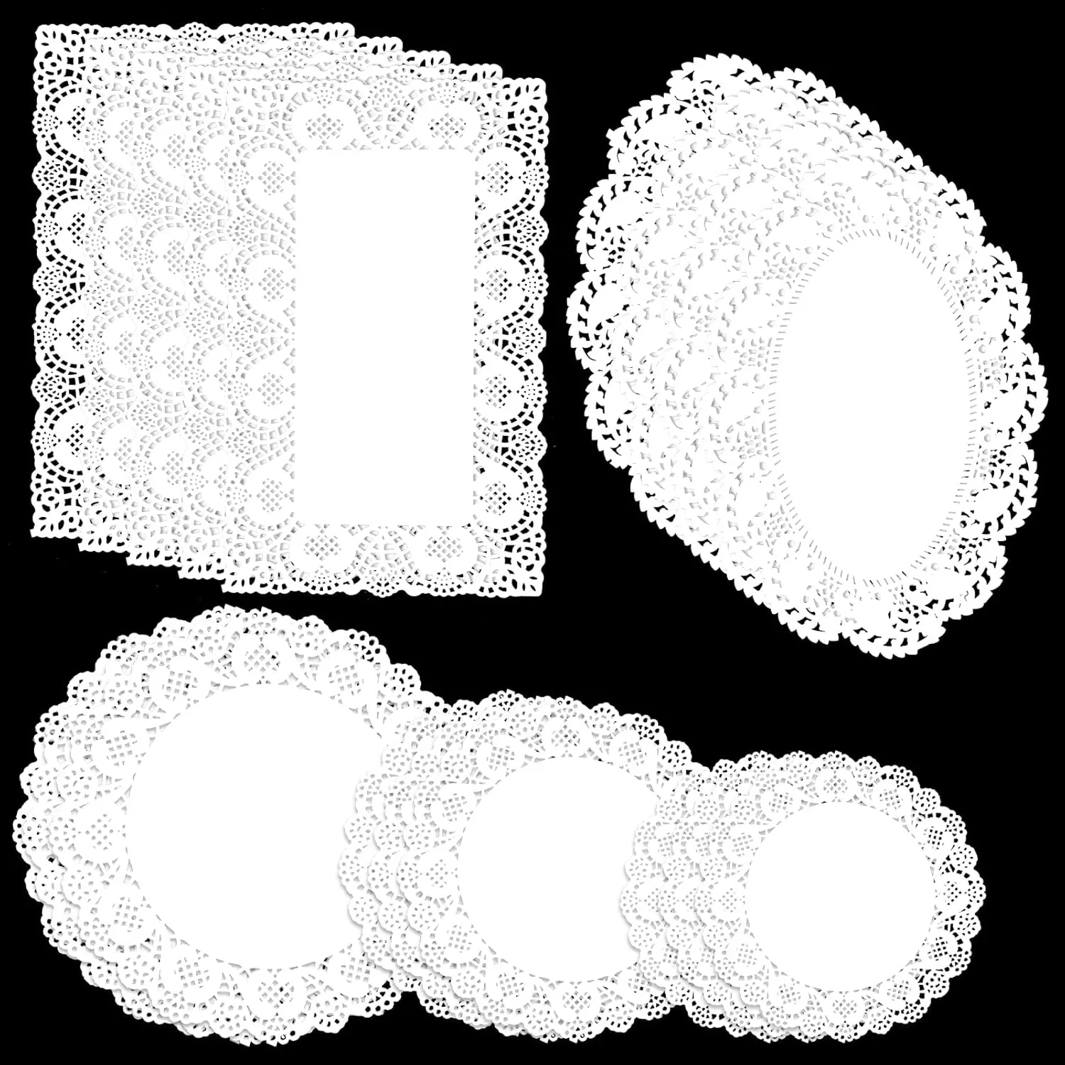 150Pcs Paper Doilies Assorted Sizes White Lace Disposable Doily Rectangle Round for Dessert Trays Tables Furniture Buffet Cake Fried Food Wedding Party Tableware Decor