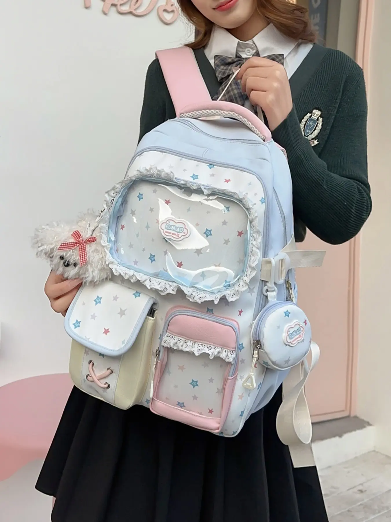 1pc Macaron Light Blue Star Fabric Backpack Multi-layer Lace Decor Pink-Yellow Contrast Pockets Matching Round Coin Purse Soft Rounded Silhouette Cute Daypack For Girls Shopping Trips Dorm Book Storage Sweet Outfit Matching Cute Stylish Daypacks