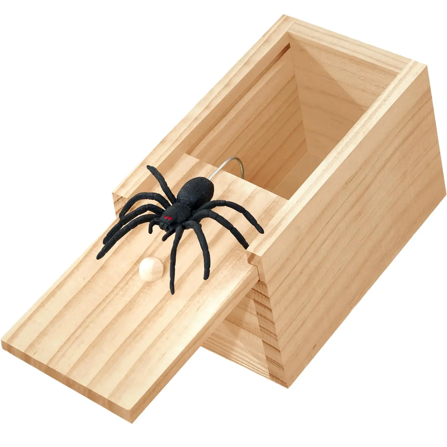Portable jump spider prank wooden box, single pack with hidden pop-up spider. Surprise your friends easily. Hot tricky gift for Halloween and Christmas prank activities.
