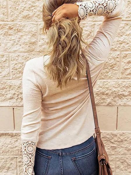 Long Sleeve Lace Basic Top with Ruffled Sleeves, Sexy Casual Fitted Design for Spring and Fall, Stylish Knit Fabric for Women, Womenswear