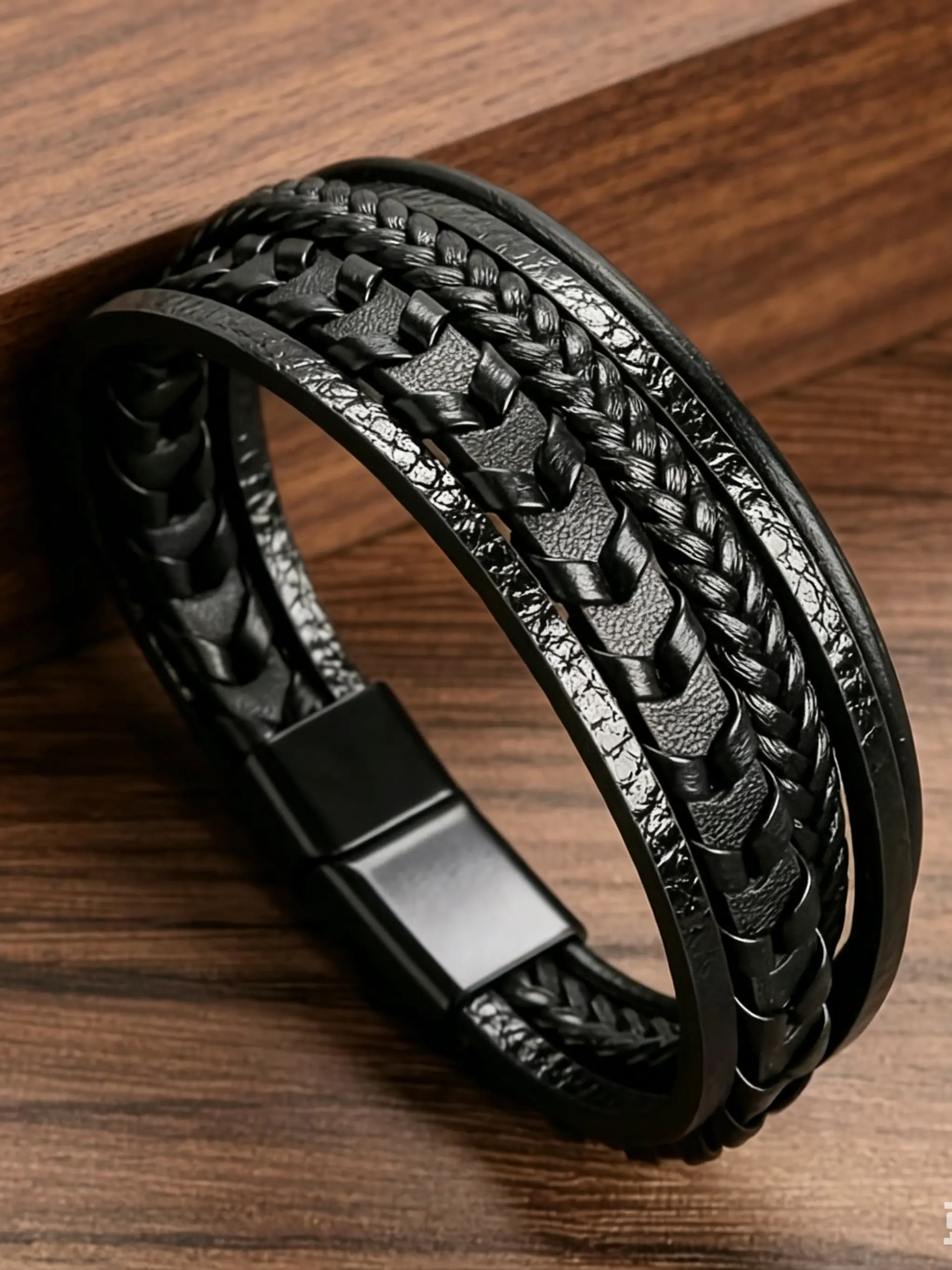 2026 Trendy Men's Braided Leather Bohemian Bracelet, Punk Magnetic Buckle, Boho Style, All Seasons, Five-In-One Fashion Accessory