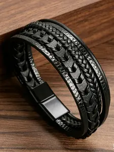 2026 Trendy Men's Braided Leather Bracelet, Punk Magnetic Buckle, Boho Style, All Seasons, Five-In-One Fashion Accessory