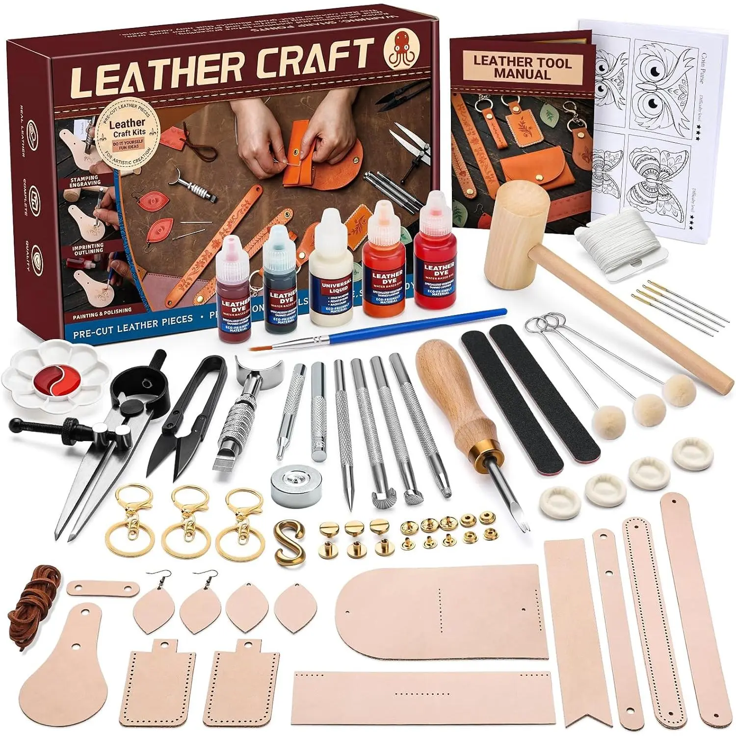 Leather Crafting Kit Leather Working Tools and Supplies for DIY Craft Beginners Stamping Dyeing Carving Sewing Edge Sealing with Video Tutorials for Earrings Wallet Keychain Wristband Bookmark