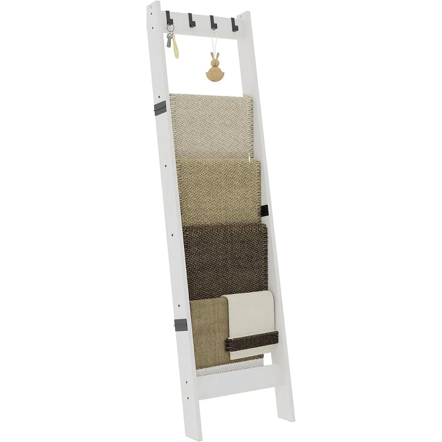 6 Tier Blanket Ladder Shelf for Living Room and Bedroom, Ladder Holder with 4 Metal Hooks, 5.2ft Blanket Quilt Holder Rack, Farmhouse Ladder Rack for Storage and Home Decor, White
