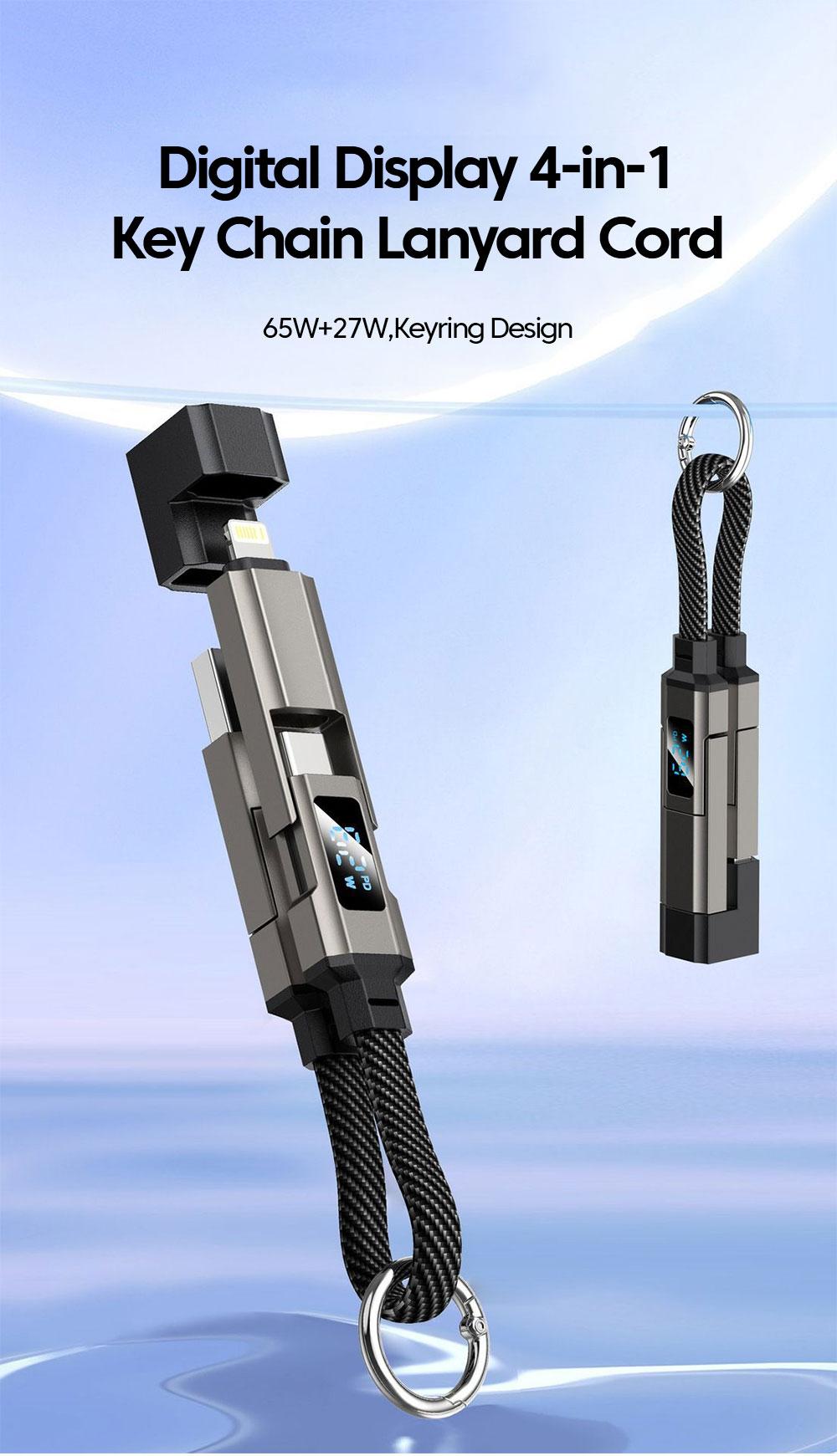 65W 4 in 1 Digital Display Super Fast Charging Keychain Data Cable Intelligent Digital Display Short Wire for iphone17 Samsung