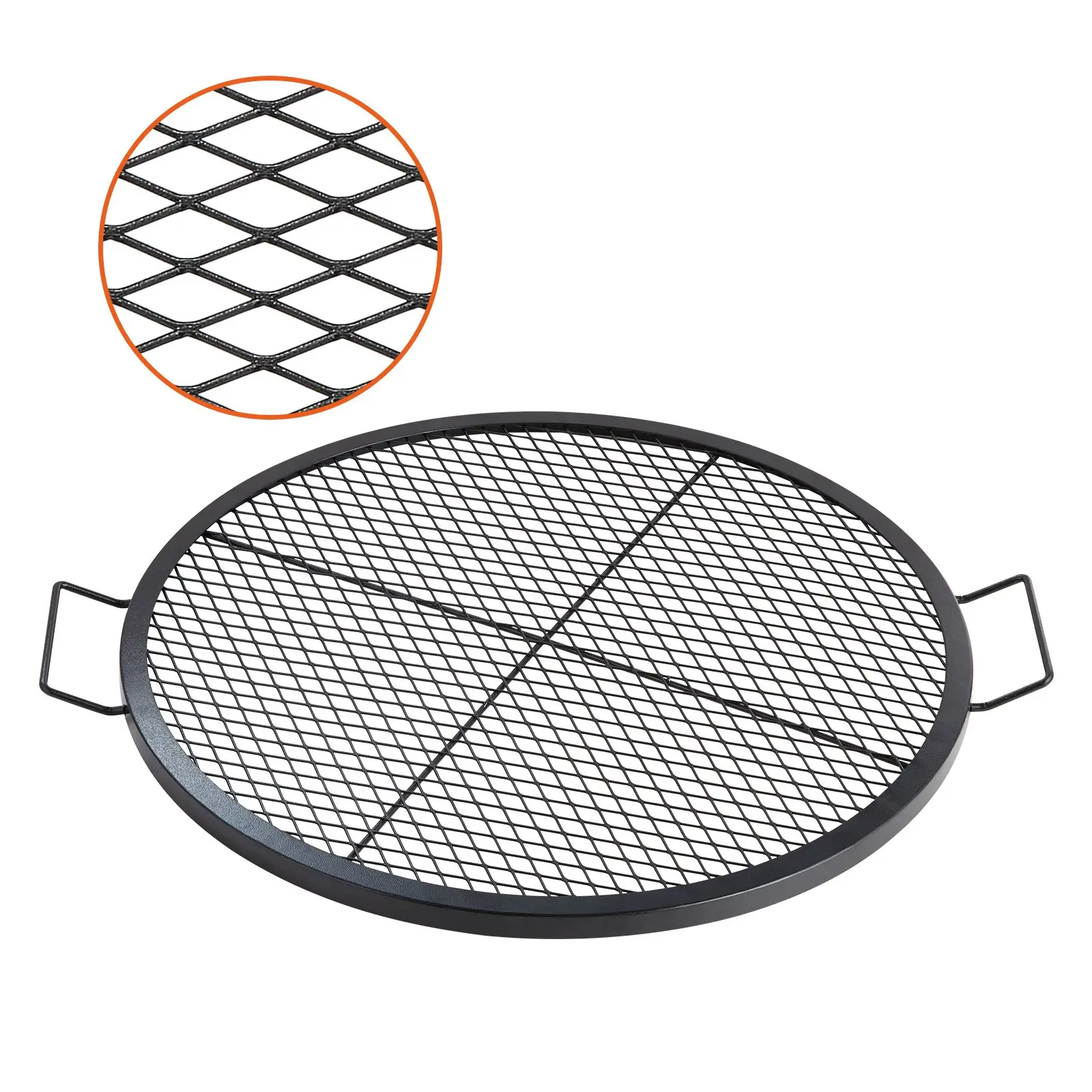 VEVOR X-Marks Fire Pit Grill Grate, Round Cooking Grate, Heavy Duty Steel Campfire BBQ Grill Grid with Handle and Support X Wire, Portable Camping Cookware for Outside Party Gathering, 30 Inch Black