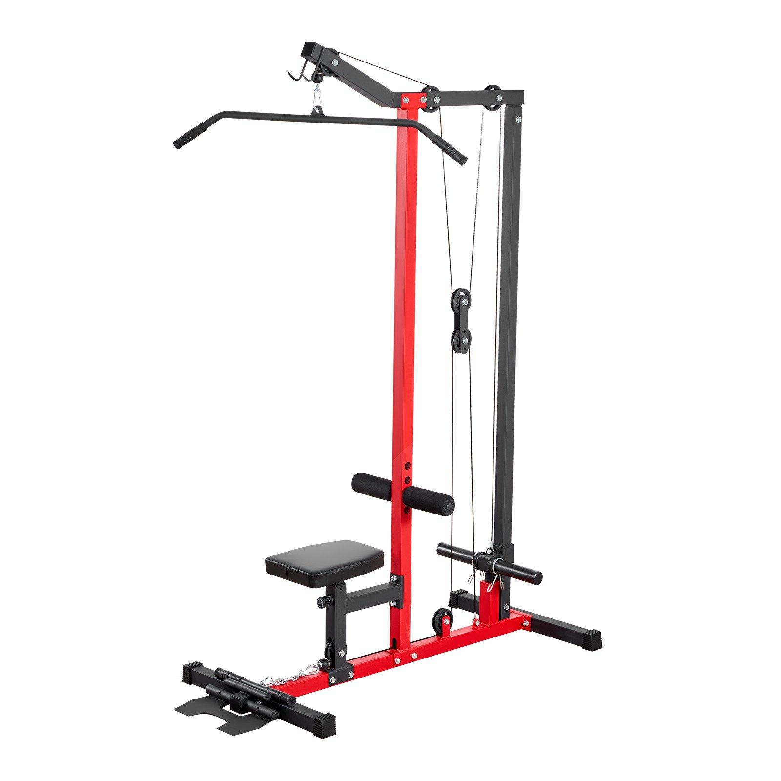 VEVOR 2-in-1 Carbon Steel LAT Pull Down & Row Cable Machine, Home Gym Hand Tool Kit with 3-Level Adjustable Seat, 4-Level Adjustable Foam Roller, 500lb Load Lat Tower for Back Workouts, Black Red