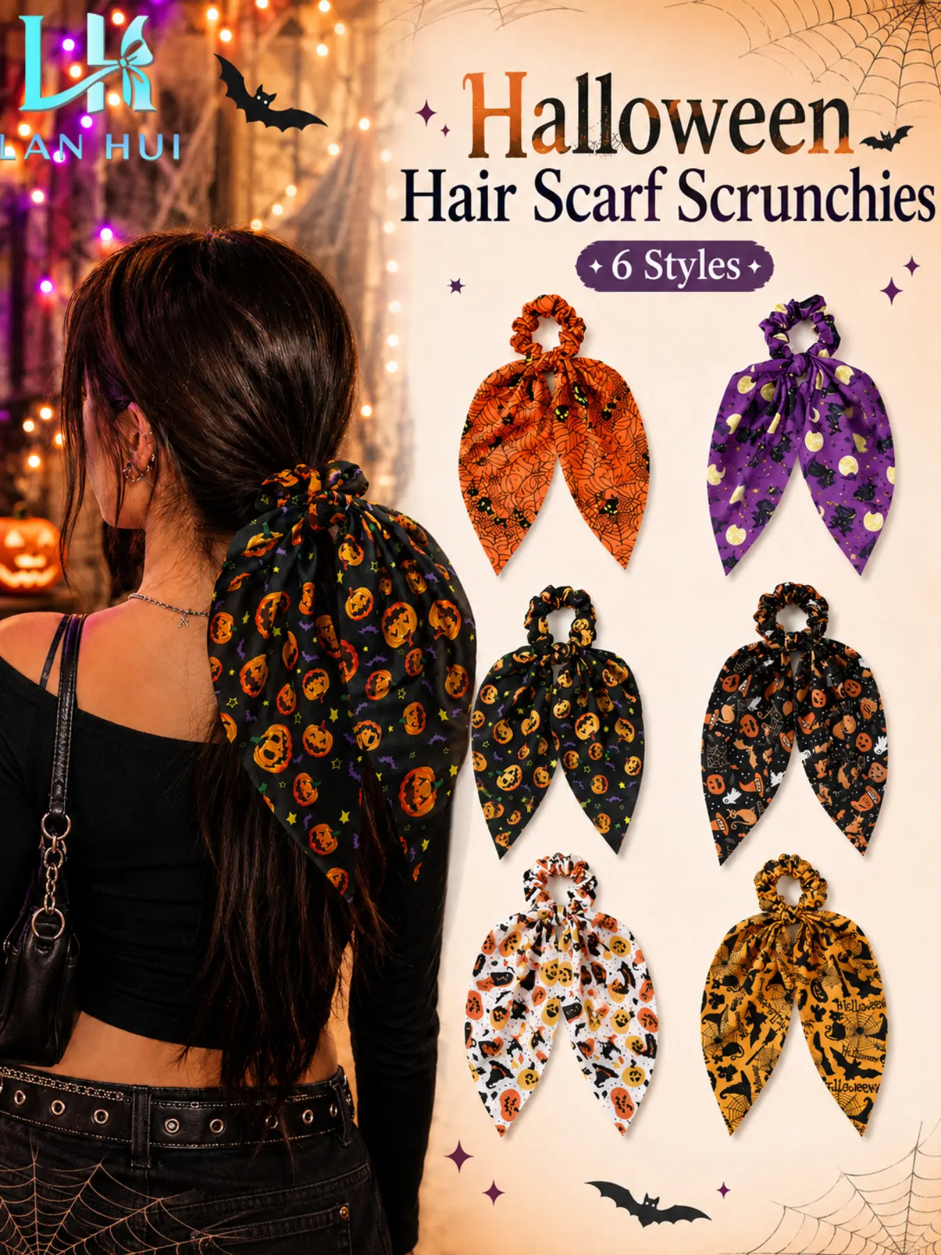 Halloween Ribbon Hair Ties Set of 6, Elastic Band Scrunchies, Pumpkin Bat Print, Sweet Cool Festival Style, High Elasticity, Back-To-School Gift, Girls' Ponytail Accessories