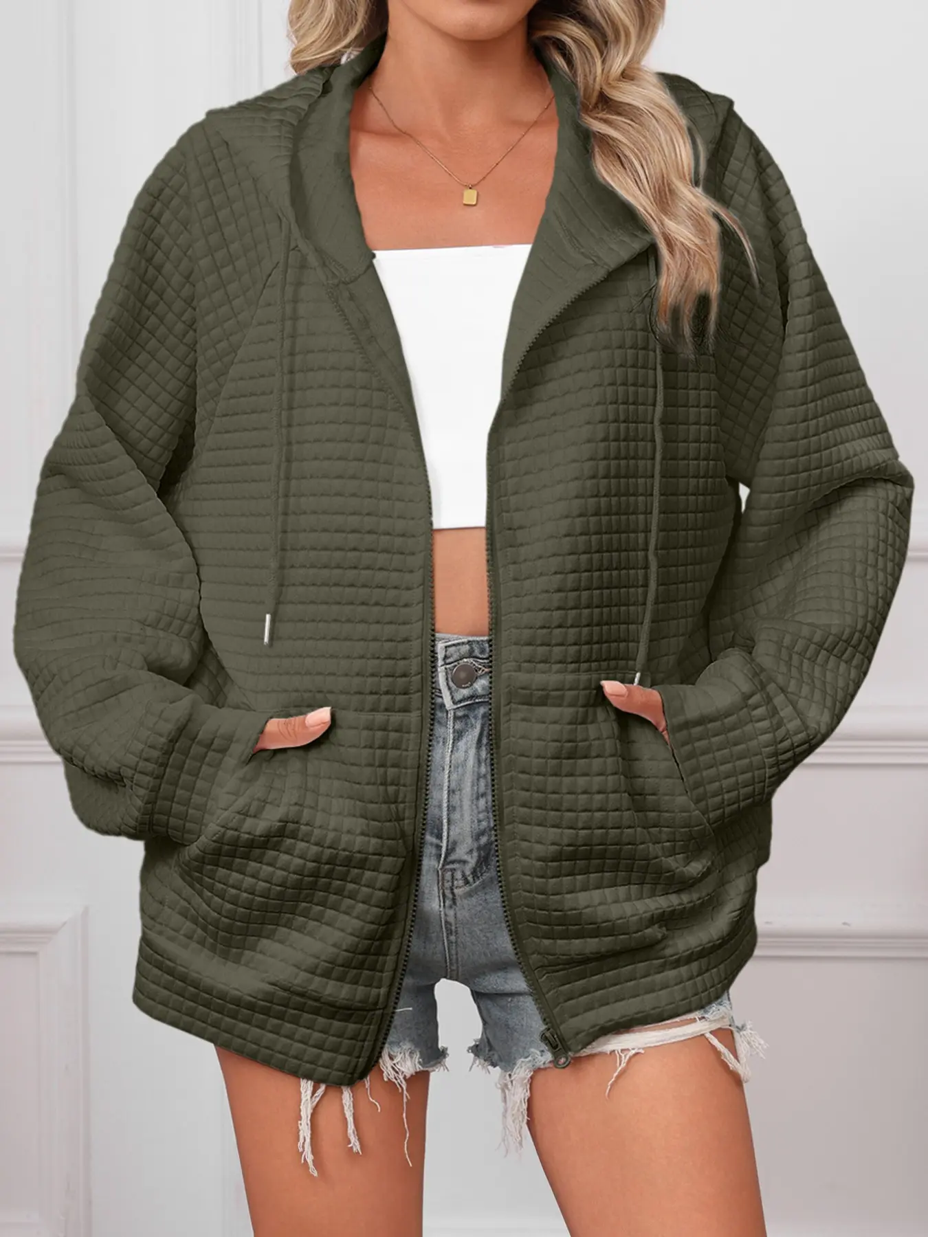 Women's Solid Color Waffle Knit Hooded Zipper Jacket, Long Sleeve Drawstring Loose Cardigan, Side Pocket Casual Outerwear Top