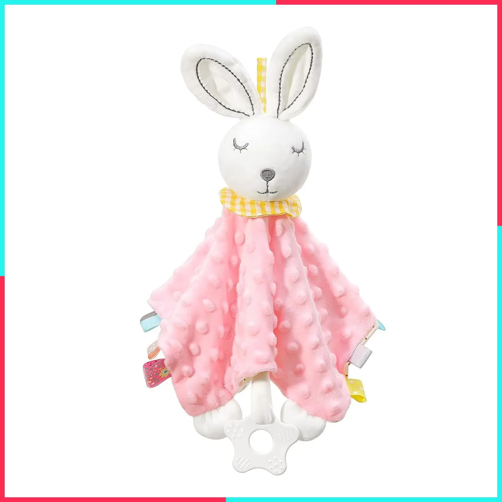 Bunny Security Blanket Baby Girl Gift, Newborn Soft Stuffed Tag Blanket Snuggle Toy, Soothing Plush Stuffed Animal for Infant and Toddler, Pink