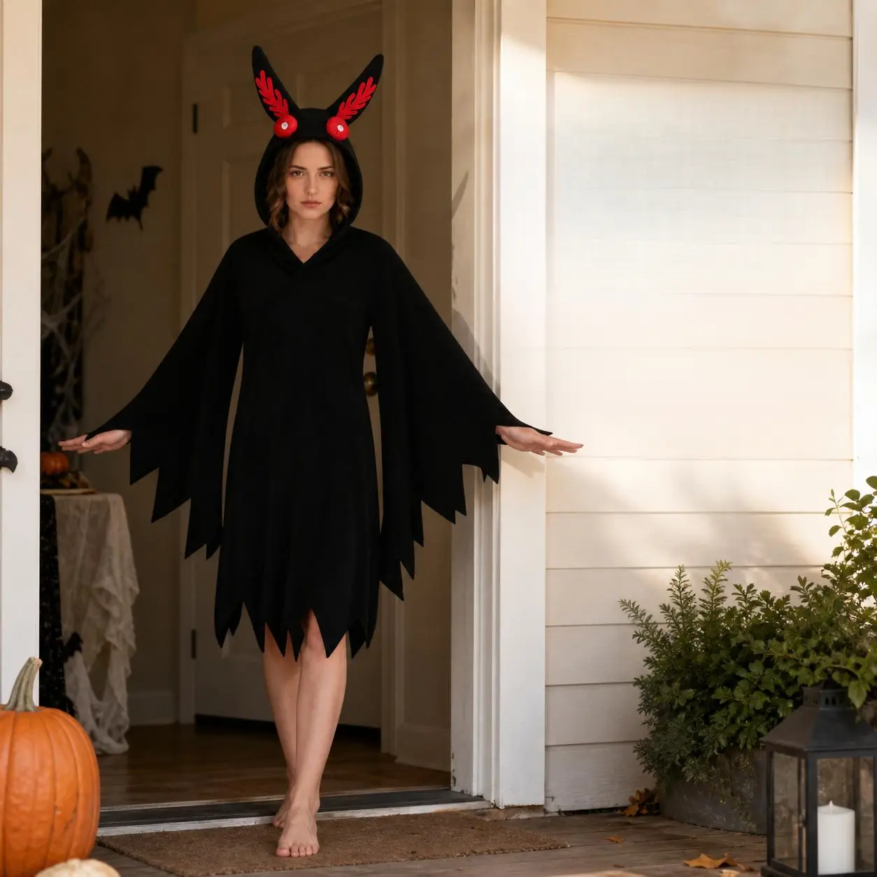 Women's Hooded Moth Monster Cape Costume, Red-Eyed Winged Cryptid Outfit for Halloween Party, Cosplay & Spooky Events