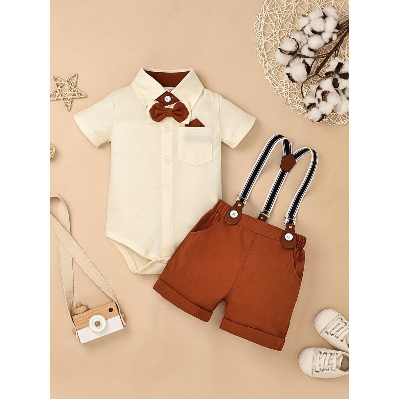 Baby Boy Gentleman Outfit Valentine's Day Baby Romper Shirt with Bow Tie and Suspender Shorts Baby Suit Set