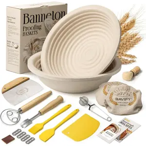 Wood Pulp Banneton Bread Proofing Baskets Set of 2, 9 Inch Round 2.2LB Sourdough Proofing Basket Kit with Linen Covers, Dough Whisk, Scraper, Bread Lame & Flour Dredger, Non-Stick Bread Bowl