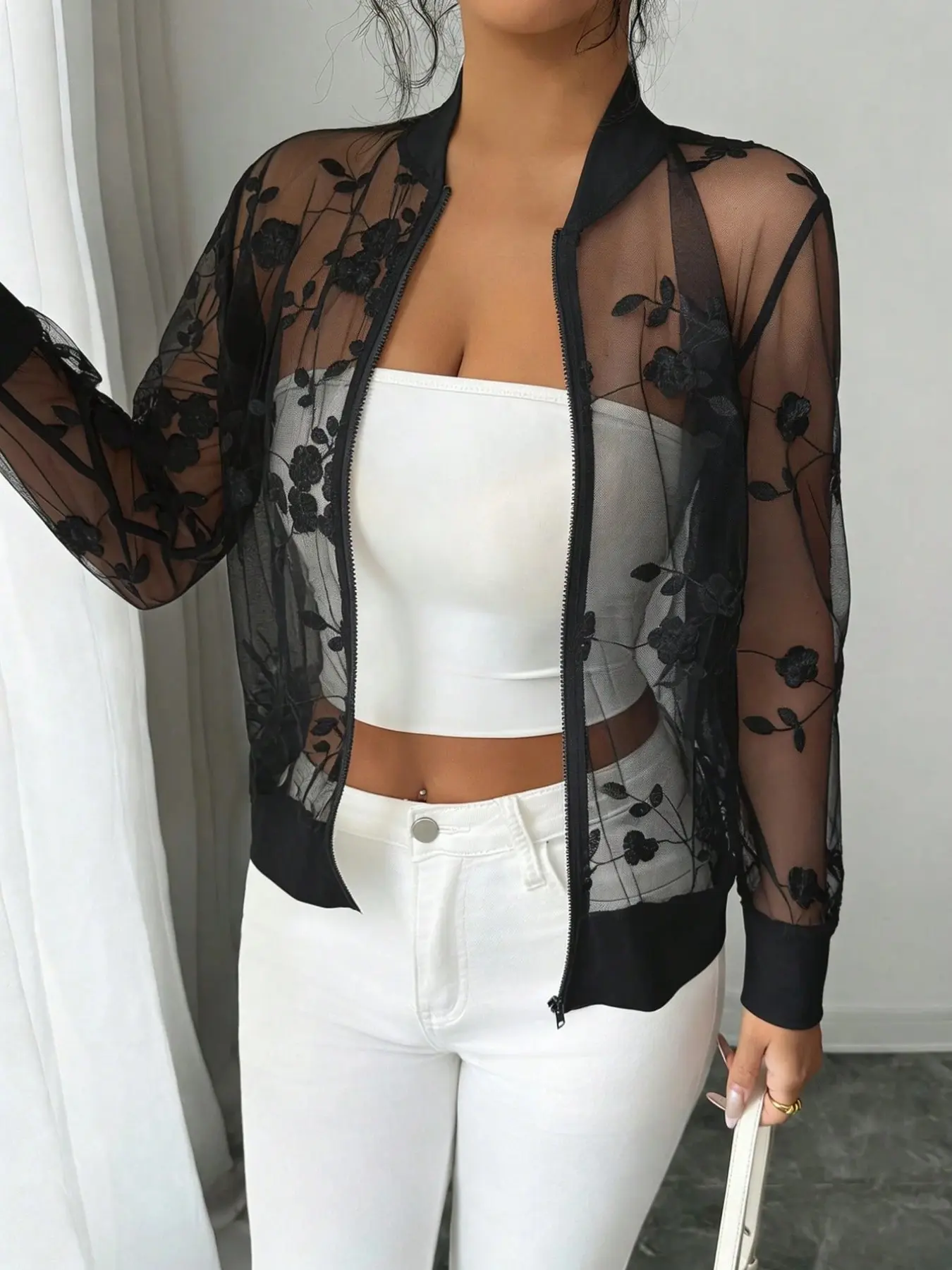 Women's Lightweight Sheer Floral Long Sleeve Outerwear, Zipper Design, Loose-Fit, All-Season Layering Essential, Casual Style