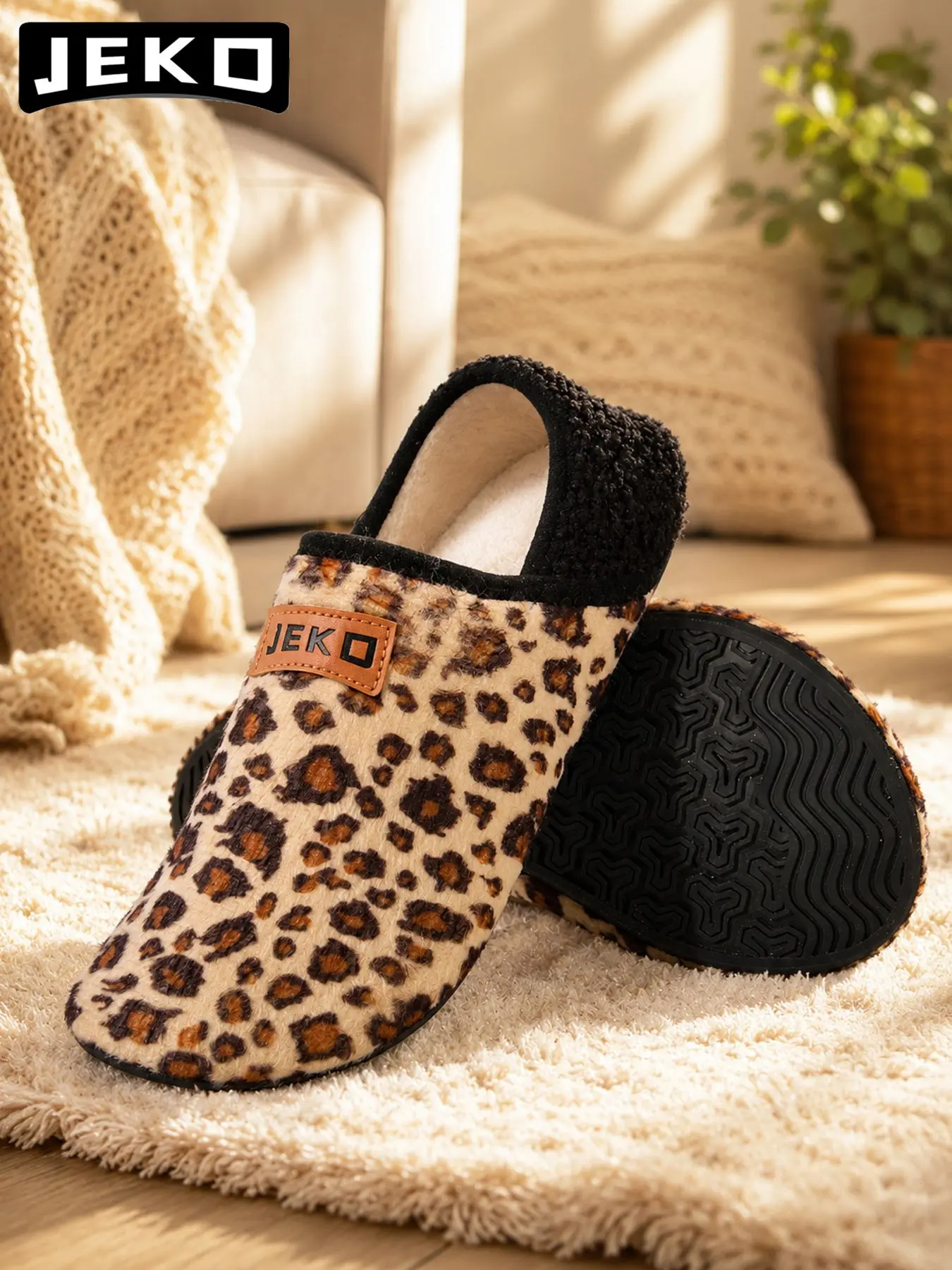 JEKO Women’s Lightweight Warm Cotton Sock Shoes with Leopard Print - Non-Slip Silent Rubber Sole | Soft Slip-On Home Slippers & Indoor Yoga Shoes