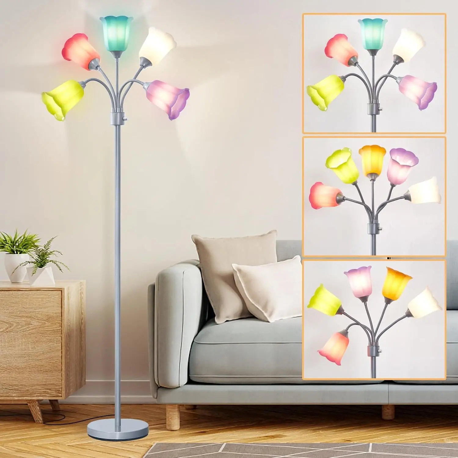 Medusa LED Floor Lamp, Multi Head Modern Tall Lamp with Adjustable Gooseneck Standing Lamps Led Tall Lamp for Living Room Bedroom Kids Room Office 6 Color Lampshades Bulb Not Included Silver